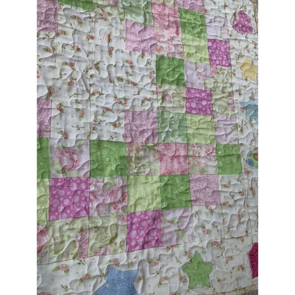 Handmade Patchwork Baby Quilt Pink & Green Floral /Star / Heart Reversible - Picture 3 of 16